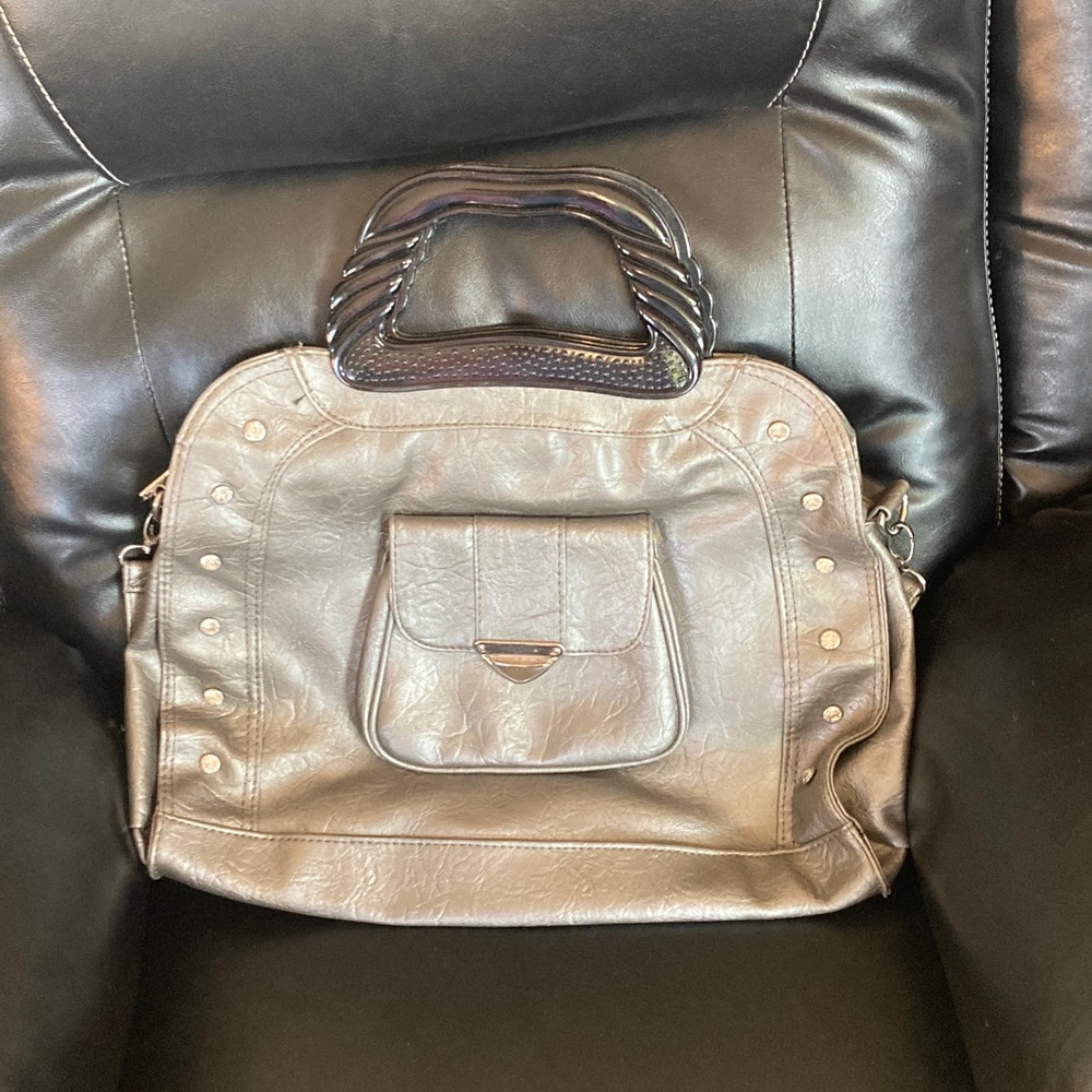 Women's Brown Satchel with Top Handle and Stud Accents